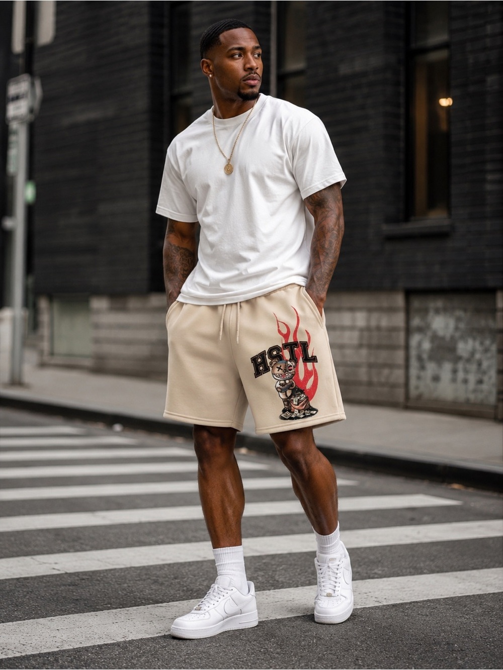 Beige Men’s Athletic Drawstring Shorts with Flame Teddy Graphic